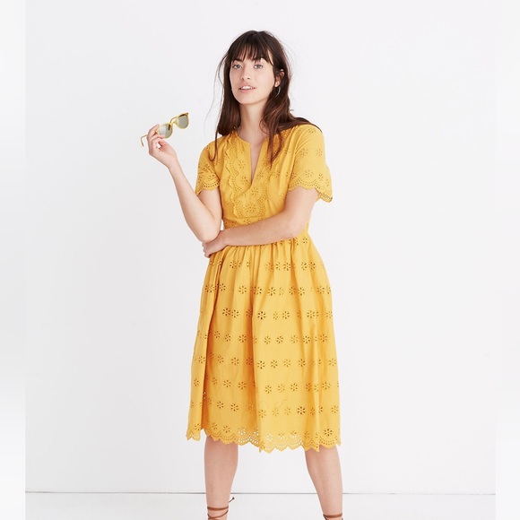 Madewell Dresses & Skirts - MADEWELL - NWT mustard yellow scalloped eyelet sundress